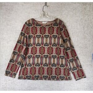 Prairie Cotton Long Sleeve Tunic Top Womens XL Brown Print Artsy Stretch EUC